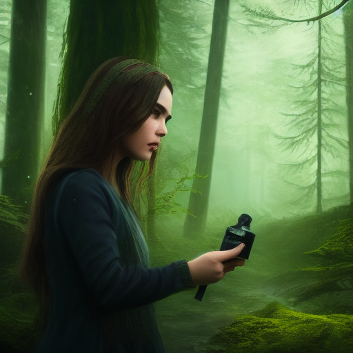 Lily holding the vial with a conflicted expression on her face, while the dark forest looms behind her.